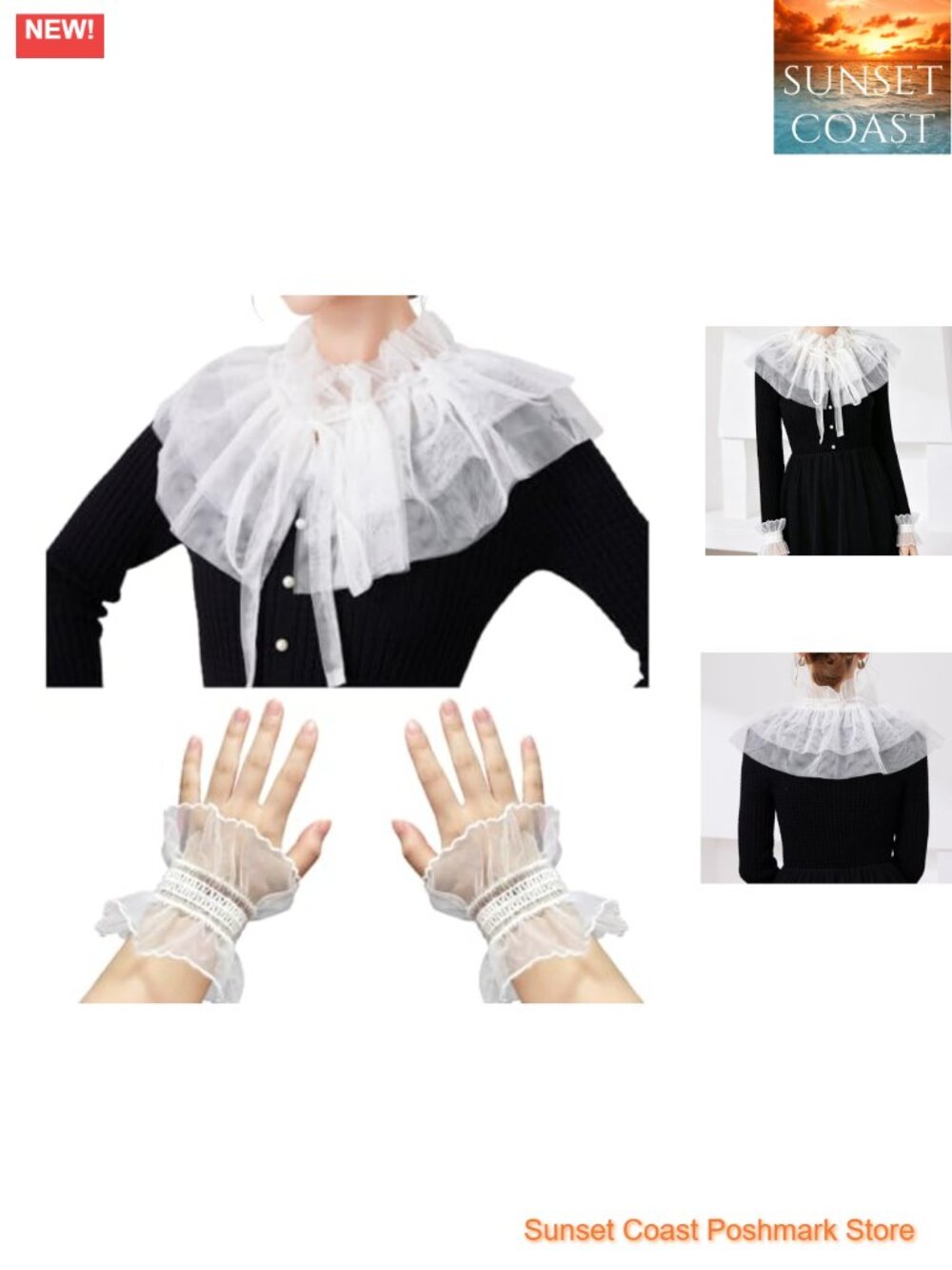 Lace Neck Ruffle Collar Wrist Cuffs Set Mesh Lace-Up Shawl Victorian Costume